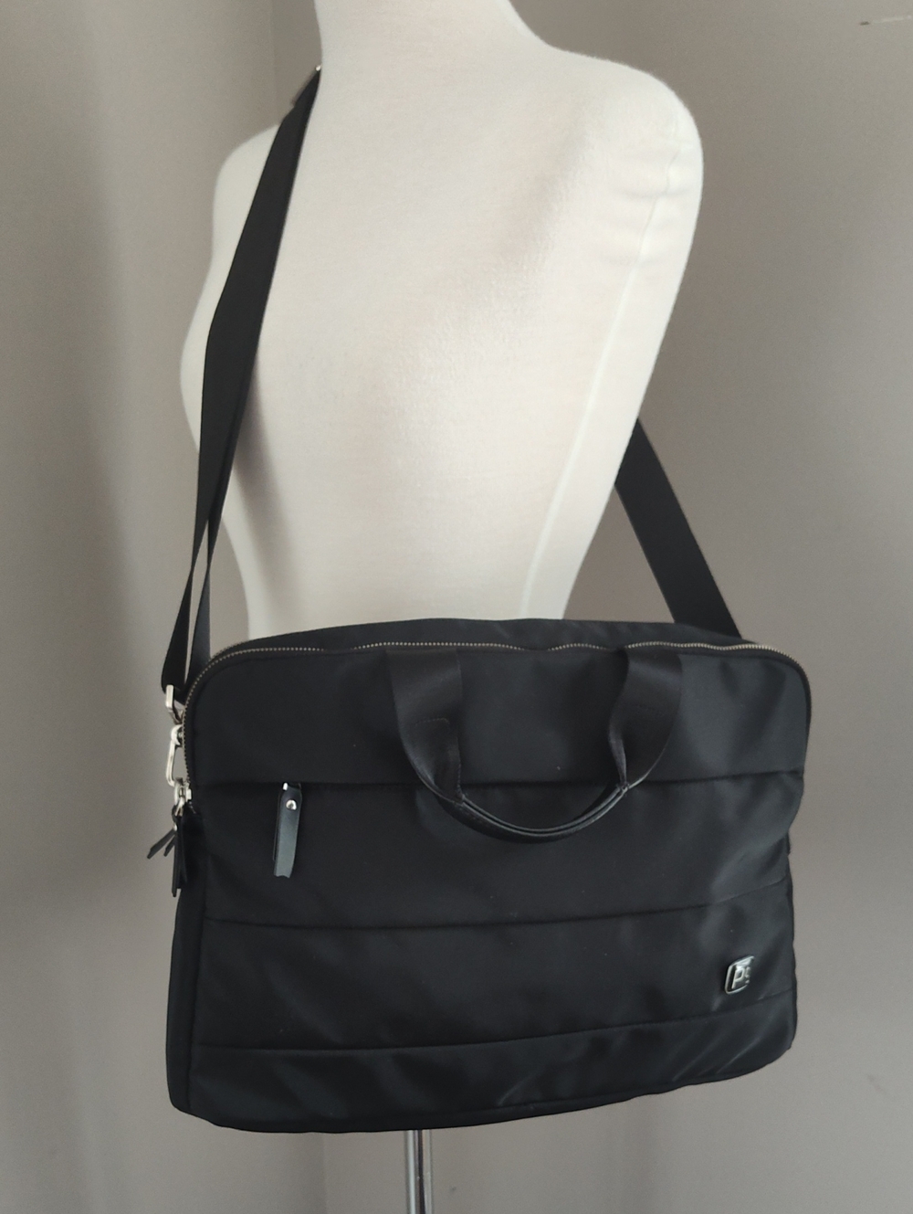 Pt Men's Black Nylon Laptop Briefcase with Shoulder Strap And Luggage Connector